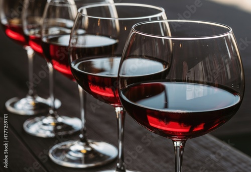 Close-up of red wine glasses on dark reflective surface