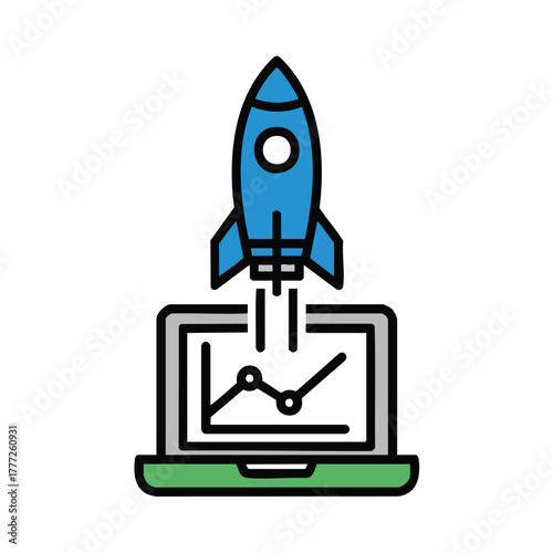 Blue rocket taking off in stylized graphic.