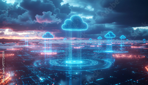 Wallpaper Mural Modern cloud computing network visualization with vibrant data streams against dramatic sky, perfect for tech innovation and digital transformation projects Torontodigital.ca