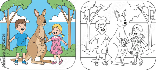 Happy Kids Meeting a Kangaroo with Joey: Children Enjoying Wildlife Encounter and Outdoor Learning at a Zoo or Park