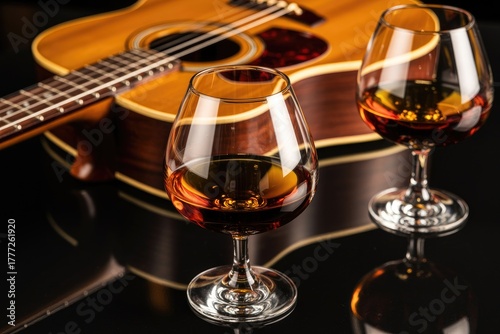 Two glasses of cognac with an acoustic guitar on black background