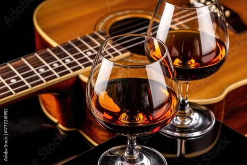 Two glasses of cognac with an acoustic guitar on black background
