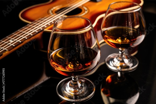 Two glasses of cognac with an acoustic guitar on black background