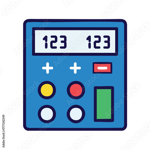 Calculator icon with numeric display and colorful buttons.