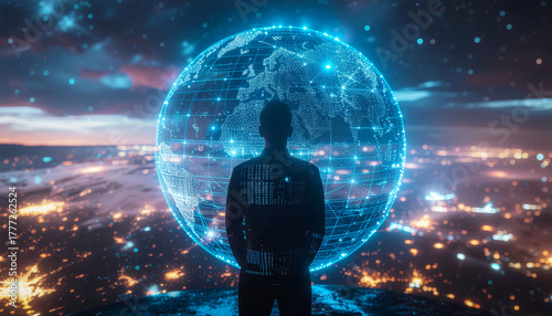Visionary strategist gazing at glowing digital globe, symbolizing global connection and future technology innovations in a futuristic cityscape.