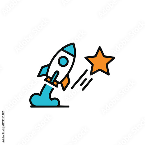 Colorful rocket blasting off into sky.