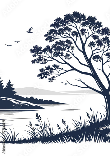 Stylized graphic illustration of a serene lake scene with a large tree and flying birds against a dark background