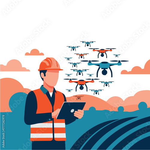 Drone operator wearing safety vest and helmet using tablet.