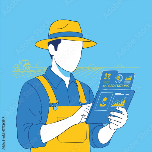 Farmer in yellow hat and overalls using digital tablet with charts.