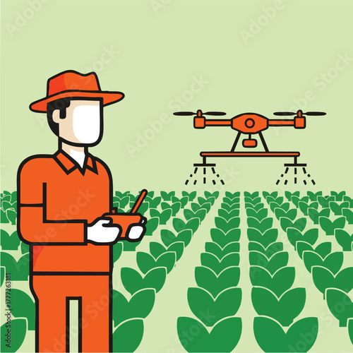 Farmer operates drone sprayer over fields.