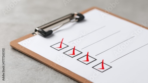 Wallpaper Mural Red Checkmarks on a Clean Clipboard in an Office Setting, Highlighting Completed Tasks and Organizational Success for Productivity Enhancement Torontodigital.ca