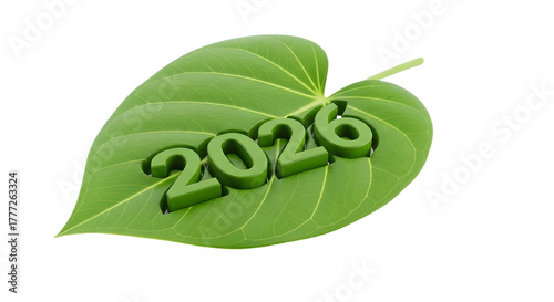 Green leaf with the year two thousand and twenty six for new year on white background