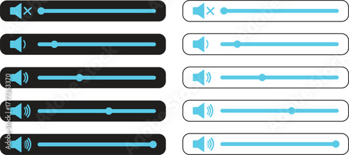 Volume Icon set.Audio player for songs or podcast playlist. Adjust mixer volume level. Equalizer symbol concept for control, filter, balance, tuning, options, and preferences.