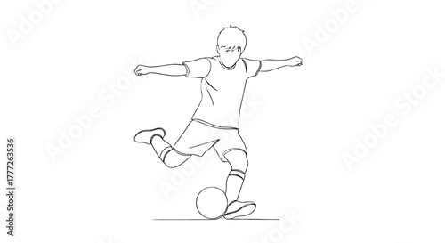 Line drawing of a soccer player kicking a ball with arms extended