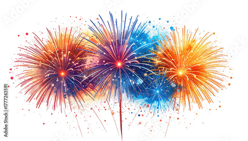 Exploding fireworks in vibrant orange, blue, and purple