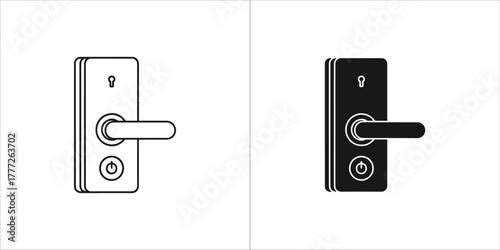 Set of two icons representing a door handle, one in outline and one in solid black