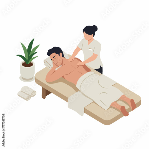 Isometric Illustration Man Receiving Professional Massage Treatment at Spa Center