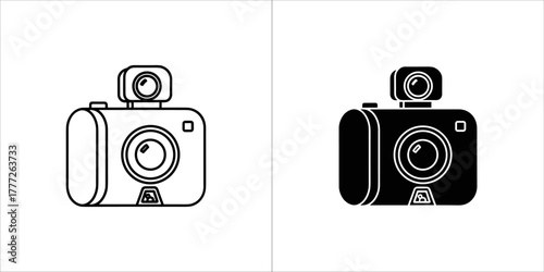 Set of two icons representing a camera, one in outline and one in solid black