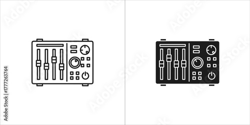 Audio mixer console icon with sliders and knobs, outline and solid black