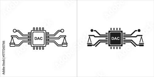 Digital to analog converter chip icon with scales, outline and solid black