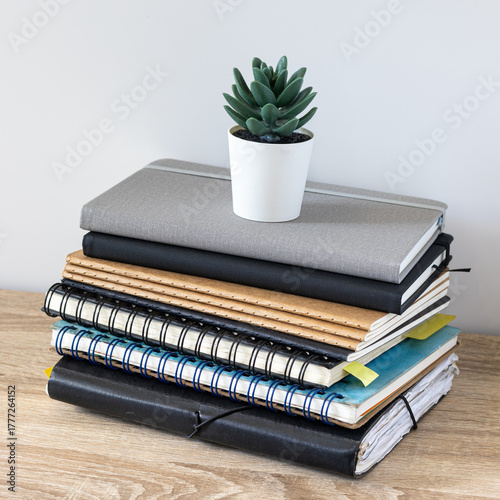 Stack of Notebooks and Journals with Succulent Plant on Wooden Desk Workspace