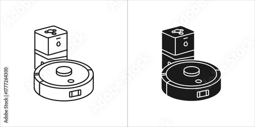 Two icons of a robot vacuum cleaner and its charging station, one in outline and one in solid black, on a