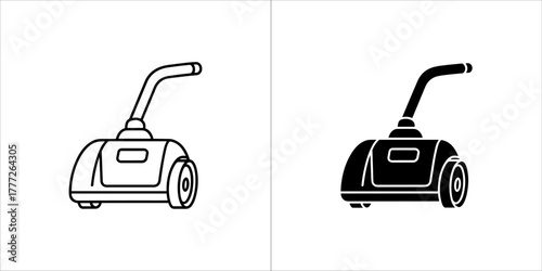 Two icons of a push lawn mower, one in outline and one in solid black, on a