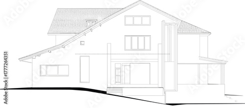 Modern house section drawing, architectural elevation, black and white vector, building cross-section, interior layout, construction detail, residential design, terrain slope
