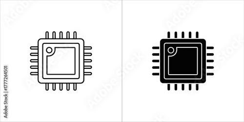 Two icons of a computer processor chip, one black and white outline and one solid black