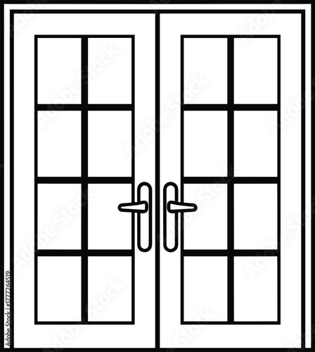 French doors vector, black and white architectural drawing, symmetrical glass pane design, traditional frame style, interior trim, building detail, closed door layout