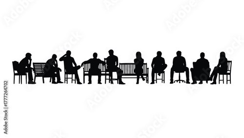 Diverse group of sitting people silhouettes isolated on white background, Vector