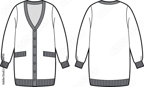 Fashion flat sketch, long-sleeve cardigan sweater, V-neck button front, ribbed cuffs and hem, patch pockets, black and white CAD, garment construction