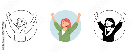 Happy young woman raising hands in celebration expressing joy isolated vector illustration