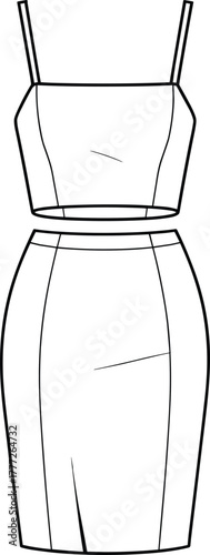 Fashion flat sketch, crop top and pencil skirt set, princess seam bodice, fitted silhouette, black and white CAD, garment construction, apparel design