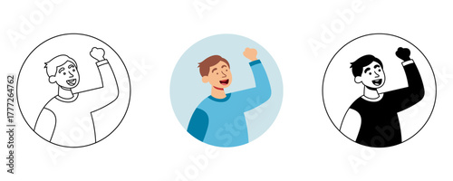 Smiling man feeling victory and positivity with raised hands isolated vector artwork
