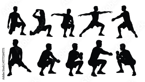 Workout and stretching men silhouettes isolated on white background, Vector