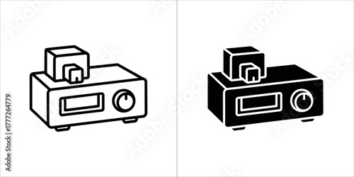 Line art and solid black icon of a small audio amplifier
