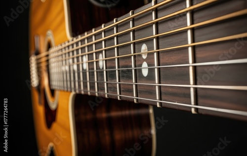 Close Up View of Acoustic Guitar Strings and Frets