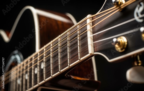 Close Up View of Acoustic Guitar Strings and Frets