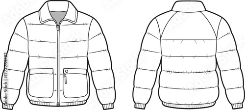 Fashion flat sketch, puffer jacket front and back view, zipper closure, quilted stitching, flap pockets, black and white CAD, garment construction, winter outerwear
