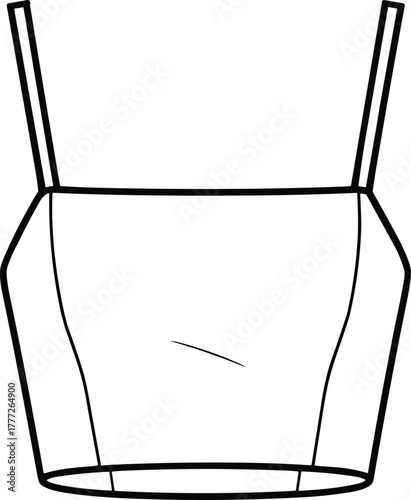 Fashion flat sketch, cropped tank top, camisole with thin straps, fitted bodice, black and white CAD, garment construction, minimalist design, apparel illustration