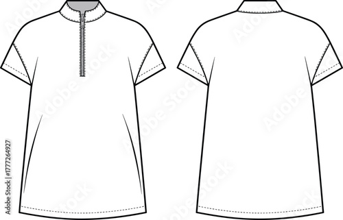 Fashion flat sketch, short-sleeve top, stand collar, front zipper, vertical seam detail, black and white CAD, garment construction, front and back views
