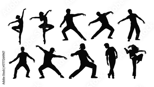 Collection of dynamic dance silhouettes isolated on white background, Vector
