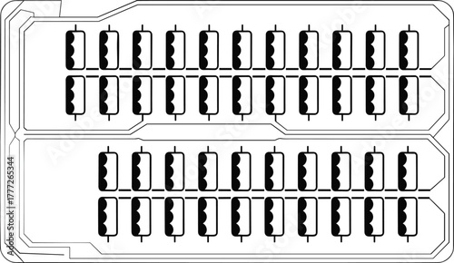Microfluidic chip vector, black and white diagram, droplet array layout, fluidic channel design, scientific illustration, lab-on-a-chip, biomedical device, experiment setup