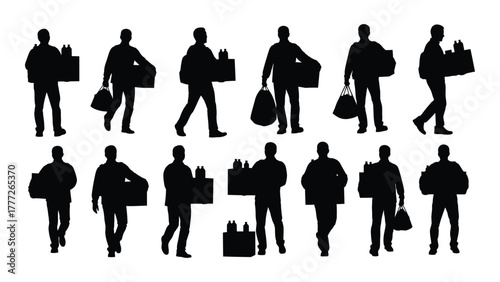 Silhouettes of men carrying packages and groceries isolated on white background, Vector