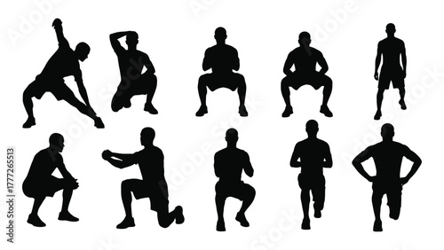 Male fitness exercise silhouettes isolated on white background, Vector