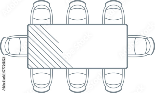 Top view table layout, six chair arrangement, shaded corner section, black and white vector, meeting room setup, furniture plan, interior design, seating plan