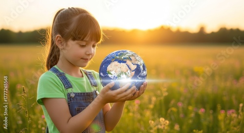 A young girl holding a glowing globe in a field at sunset.