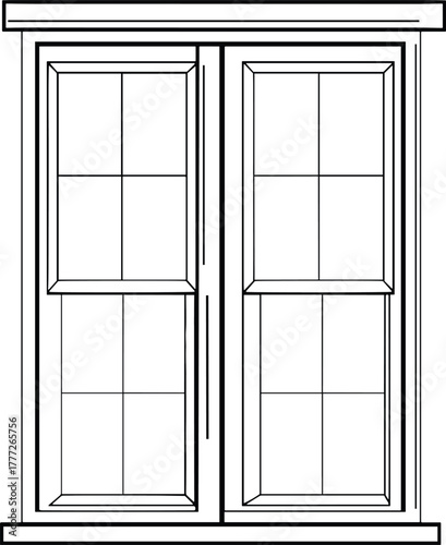 Double-hung window vector, black and white architectural drawing, traditional sash design, grid pane layout, residential building detail, interior trim, blueprint style
