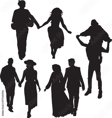 silhouette of couples spending time together isolated on transparent background, editable vector file